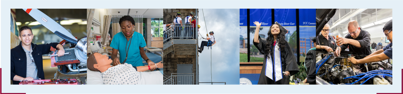 A collage of former TCC students learning skills in TCC classes like nursing, firefighting, and automotive repair