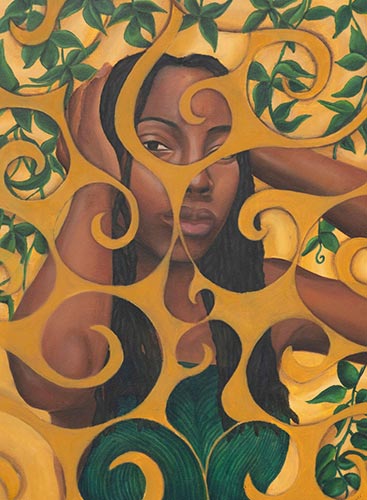 A young black woman on a background yellow background, surrounded by green leaves. The foreground of yellow swirls partially obscure the young woman.