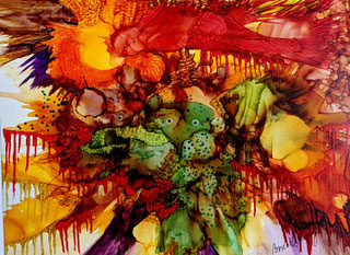 abstract dripping, flowing alcohol ink drawing of coral in overlapping hues of red, orange, yellow, green, and purple 