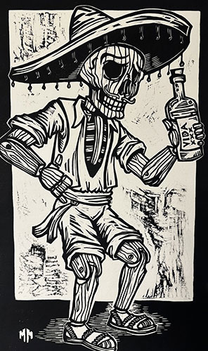 black and white relief print of skeleton wearing a sombrero and dressed in shirt, sash, shorts, and sandals while holding a bottle of VIDA tequila