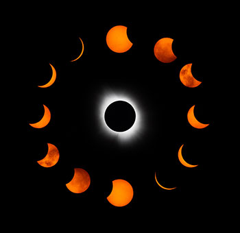 the sun in total eclipse encircled by the sun at different stages of the eclipse's progression